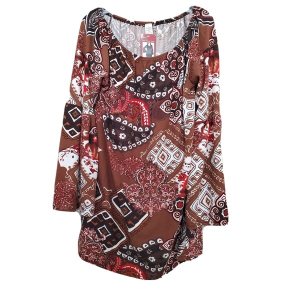 Win Win Knit Brown Paisley Bell Sleeve Tunic Size L-XL NWT - Picture 1 of 5